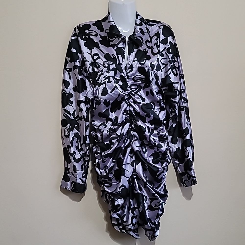 Zara Satin Effect Black and Lilac Dress Sz Large - Picture 6 of 8